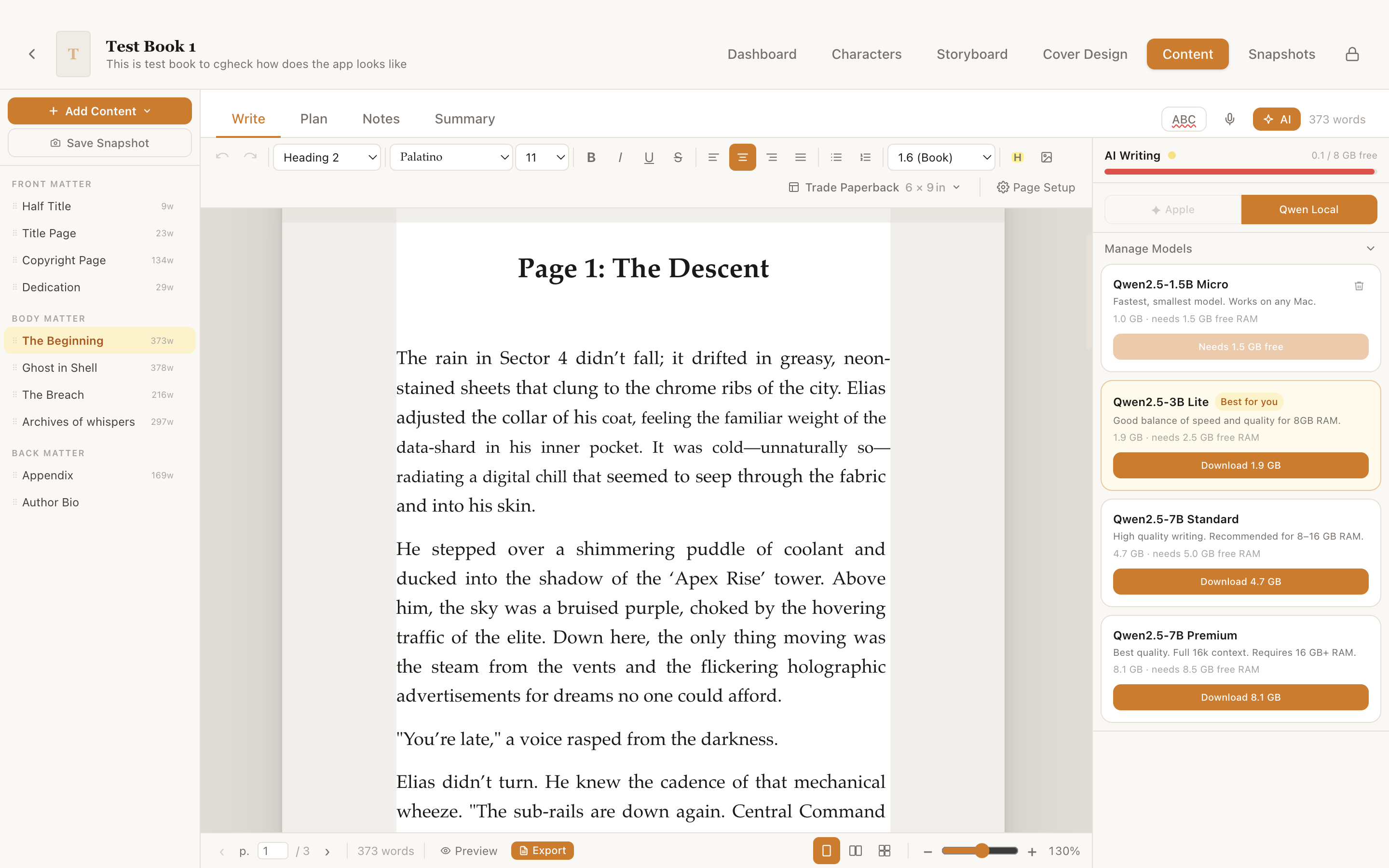 Lekhanam chapter editor showing rich text writing canvas with AI side panel open on macOS
