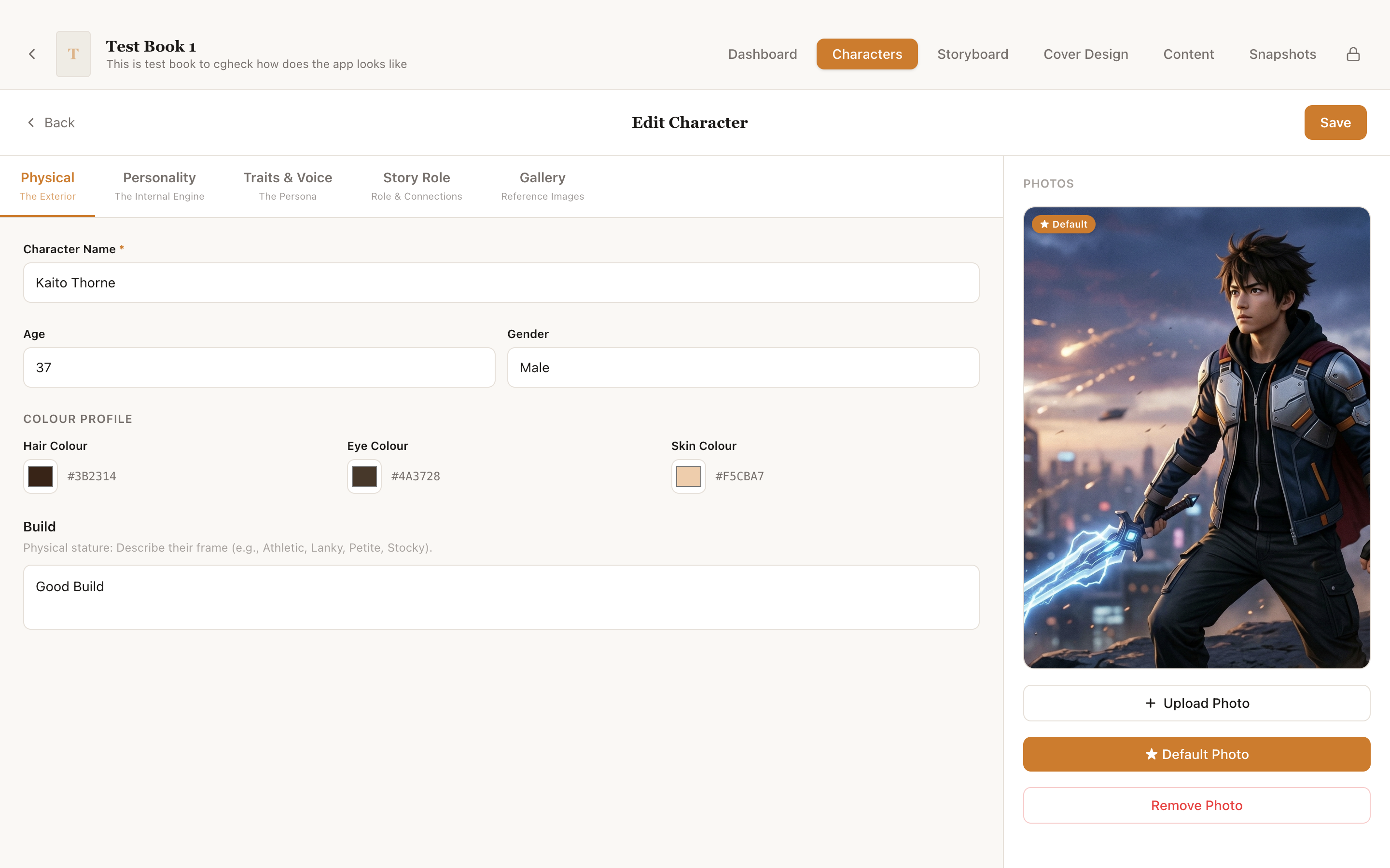 Lekhanam character profiles panel showing character details, voice settings, and ghost wound fields