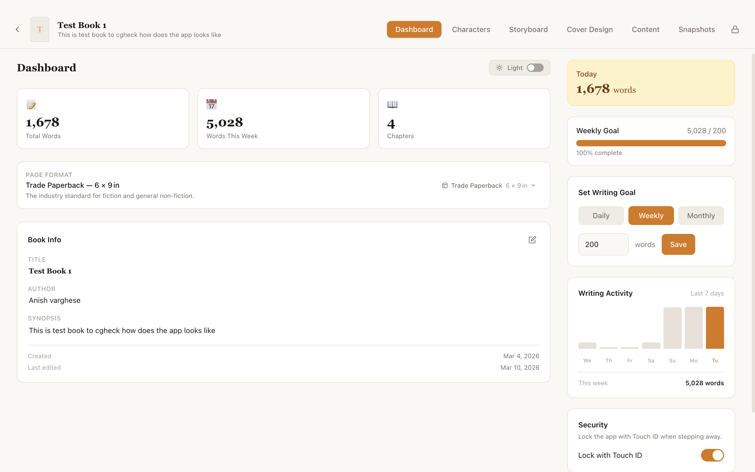 Lekhanam book writing dashboard showing chapter list, word count, and book overview on macOS